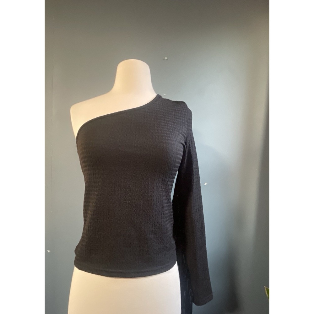 SHEIN Modelly Black One Shoulder Fringe Sleeve Top Size S‎